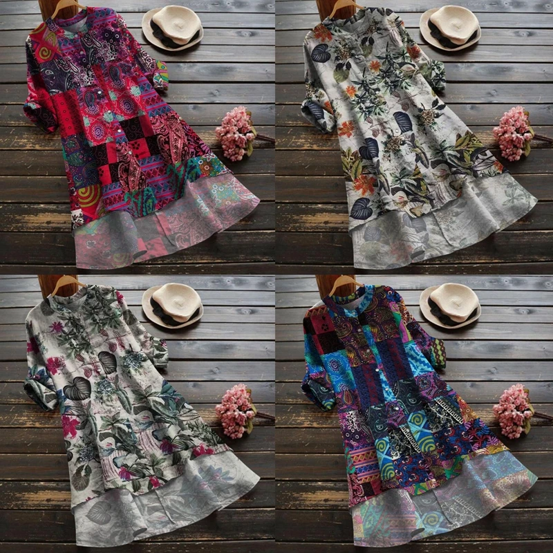

Women Casual Printed Shirt, Adults Loose Button Down Long Sleeve Stand Collar Asymmetric Hem Cardigan