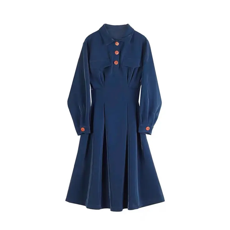 

XITAO French Vintage Dress Solid Color Patchwork Turn down Collar Long Sleeve Pullover Casual Pleated Draw Back Women ZY3936