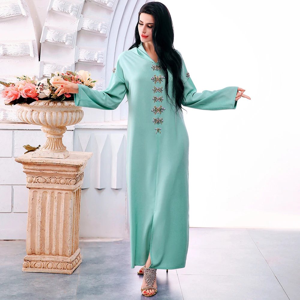 

Fridayin Women's Fashion Casual Floral Dubai Turkey Style Hooded Solid Color Loose Abaya Caftan Muslim Vestidos Clothing