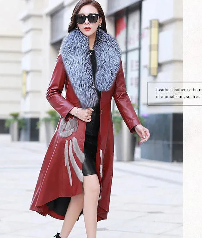 Enlarge 2021 Autumn And Winter New Ladies Leather Trench Women's Long Knee Over Korean Slim Fit Large Fur Windbreaker Coat Women Trend