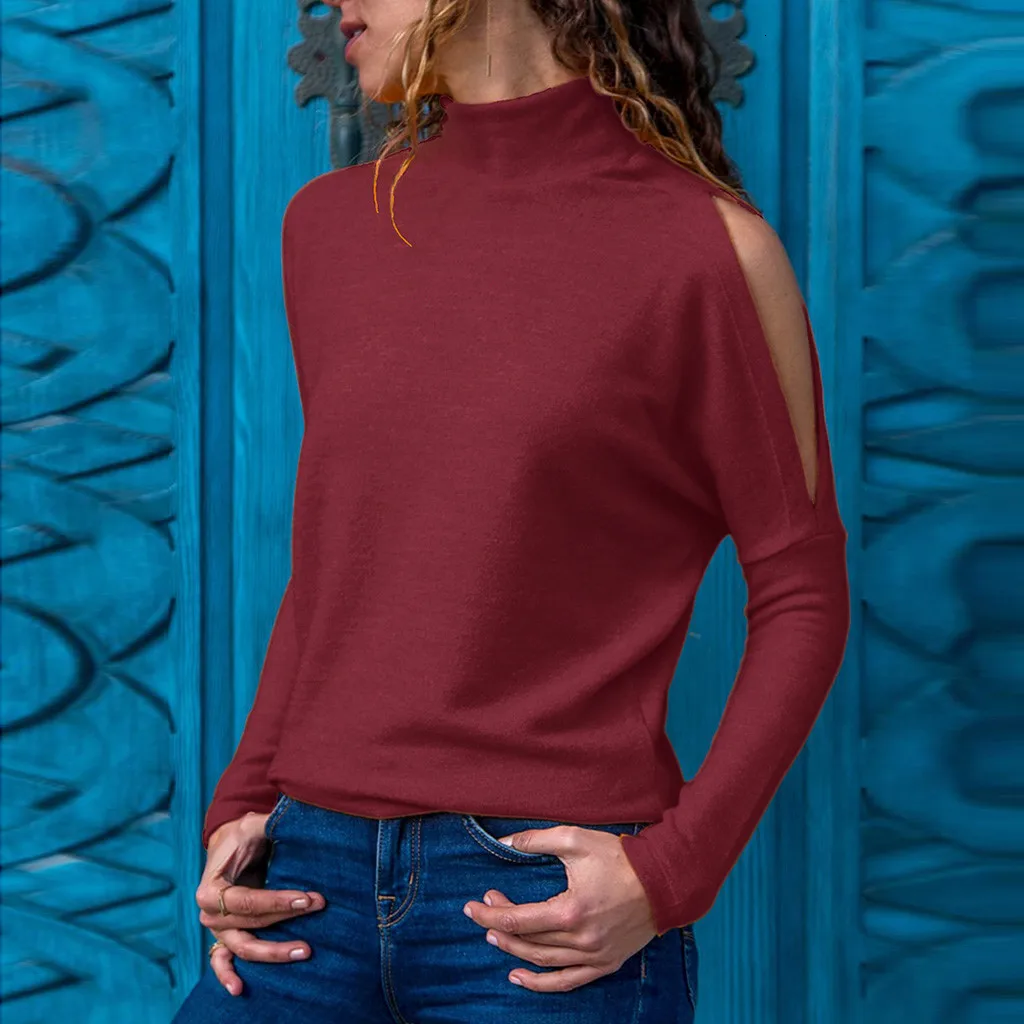 Женская футболка осенняя мода Однотонная стоячий вырез длинный рукав топ camisetas