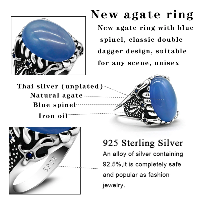 Мужское кольцо с фианитом серебряное натуральным черным агатом синяя шпинель