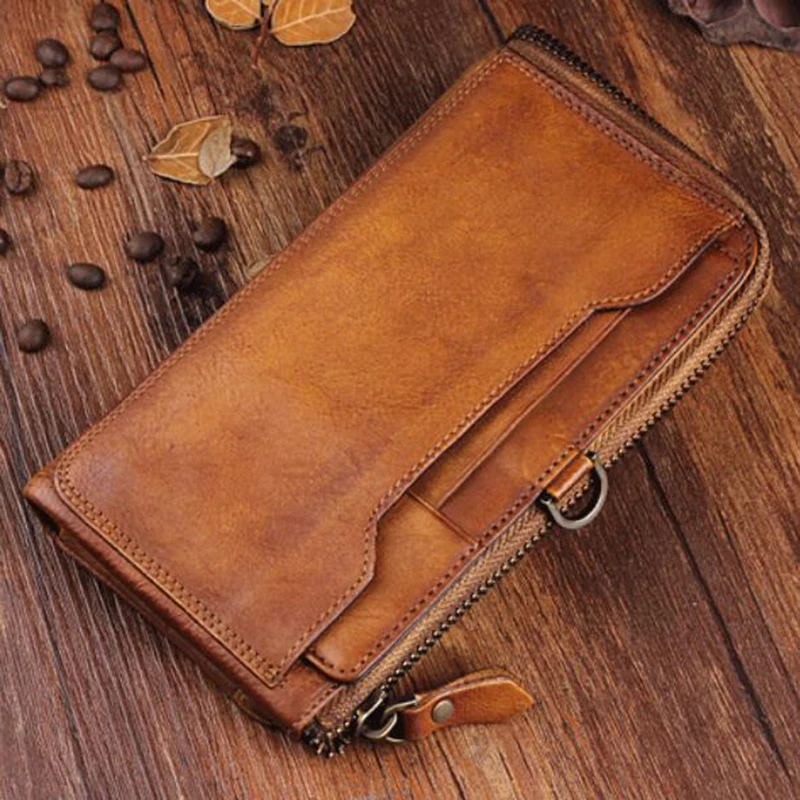 

Famous Vintage Large Men Wallets Zipper Genuine Leather Luxury Man Organizer Wallet Quality Male Clutch Purse ID Card Holder New