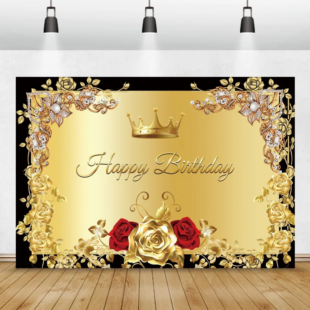 

Фотофон Gloden Crown с днем рождения, блестящие бриллианты, розы, цветочный узор, декор для семейвечерние, ПОРТРЕТНАЯ ФОТОГРАФИЯ