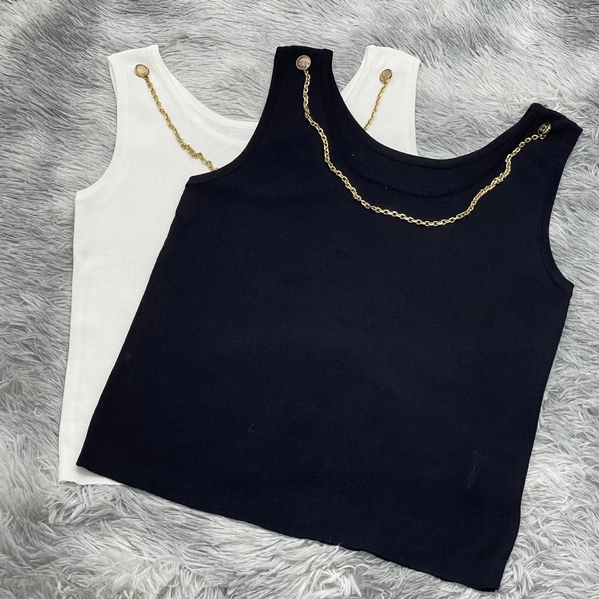 

Chain Knit Top T-Shirt Vest Women Sexy Slim Clothes 2021 Summer New Style Western O-Neck Sleeveless Short Top Black White