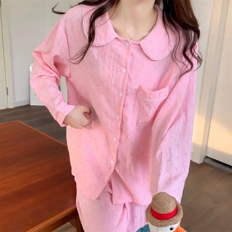 QWEEK Cotton Pajamas for Women Korean Heart Print Pijamas Autumn Sleepwear Kawaii Doll Collar Pyjama Female 2 Piece Set Homewear