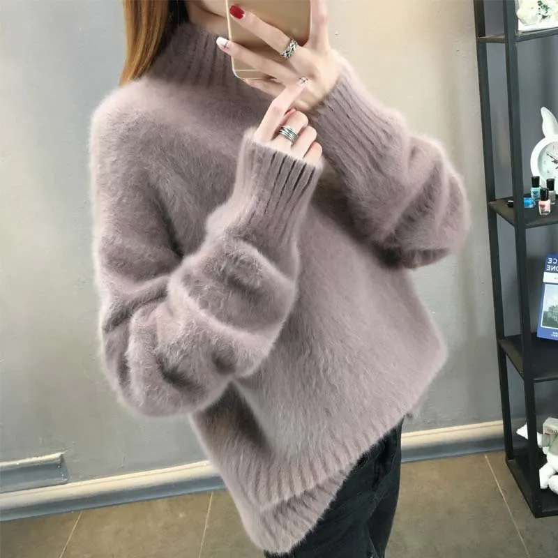 Женский пуловер повседневный однотонный мохер с круглым вырезом Модные осенние