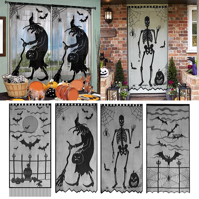 

✅Halloween Decor Black Lace Skull Bat Witch Door Curtain Window Hanging Ornament For Halloween Party Home Decor Horror Props