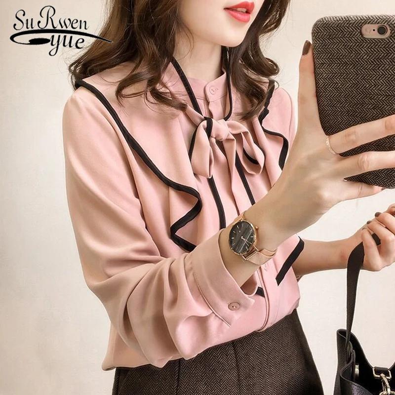 Новые модные женские блузки с длинным рукавом розовые шифоновая женская блузка