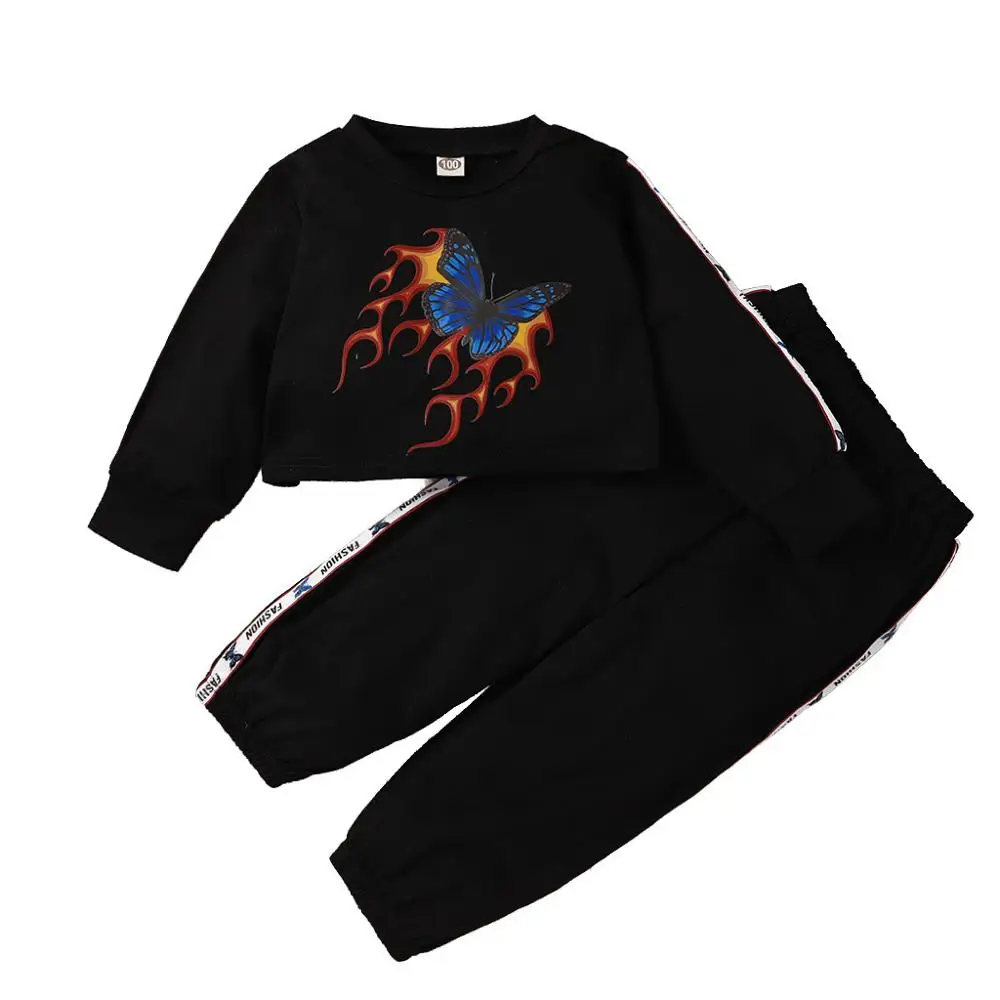 

2020 Winter Children Sets Casual Long Sleeve O Neck Print Butterfly T-shirt Black Trousers Cute 2Pcs Girls Boys Clothes Set 2-6T