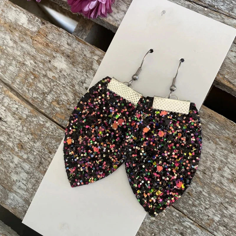 Кожаные Серьги с блестками в полоску|Серьги-подвески| |