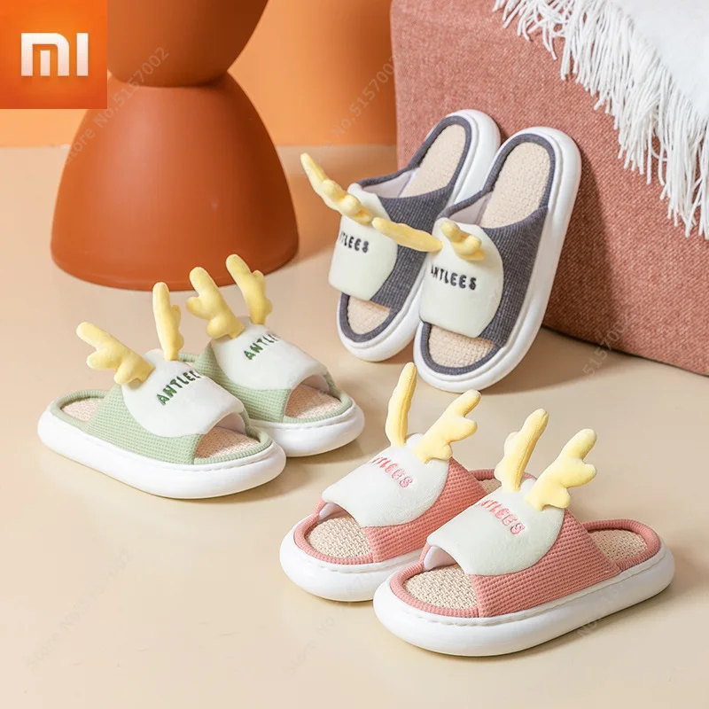 

Youpin Cotton Linen Slippers Couples Indoor Platform Slipper Cartoon Deer Summer Shoes Breathable Female Male Home Floor Slides