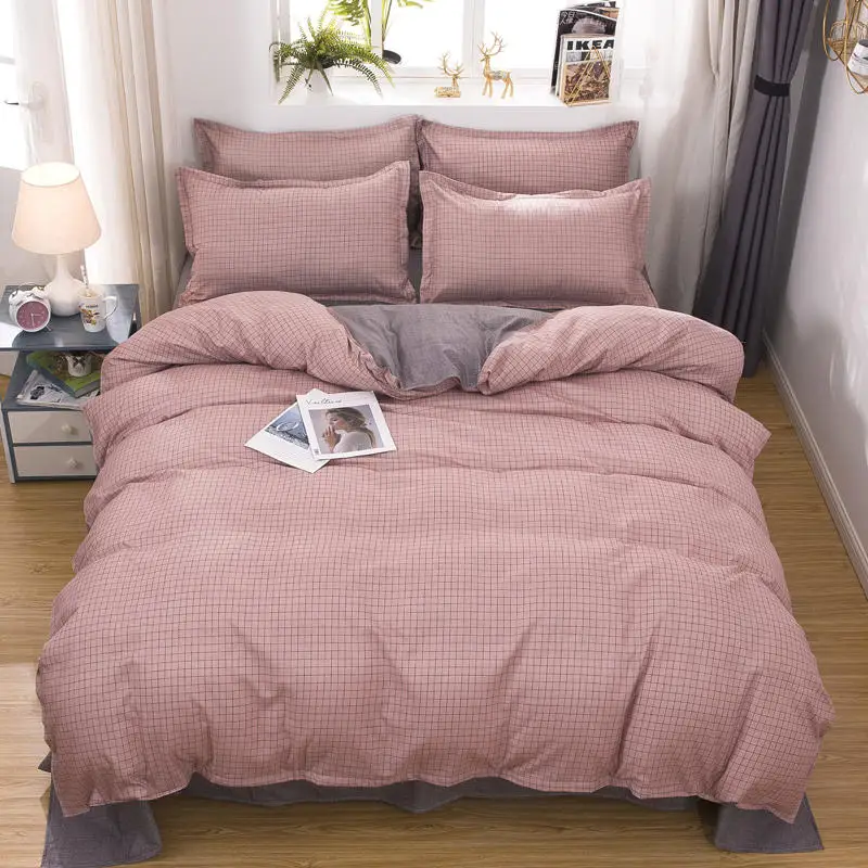 

Nordic Double Bed Sets Sheet Set Twin Full Queen King Size Family Plaid Bedding Set Bedclothes Pink Duvet Cover Pillowcases