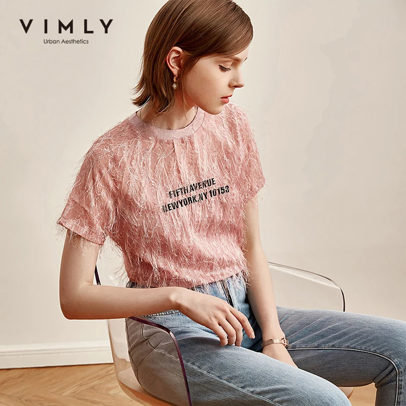 Женская футболка с кисточками Vimly свободная Однотонная круглым коротким рукавом