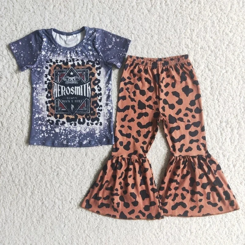 

Wholesale Boutique Clothes Fashion Tie Dye Short Sleeve Music Singer Shirt Leopard Bells Pants children Set Baby Girl Kid Outfit
