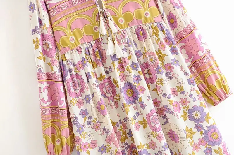 Boho королев для женщин с цветочным принтом Длинные Рукава Кисточкой оборками