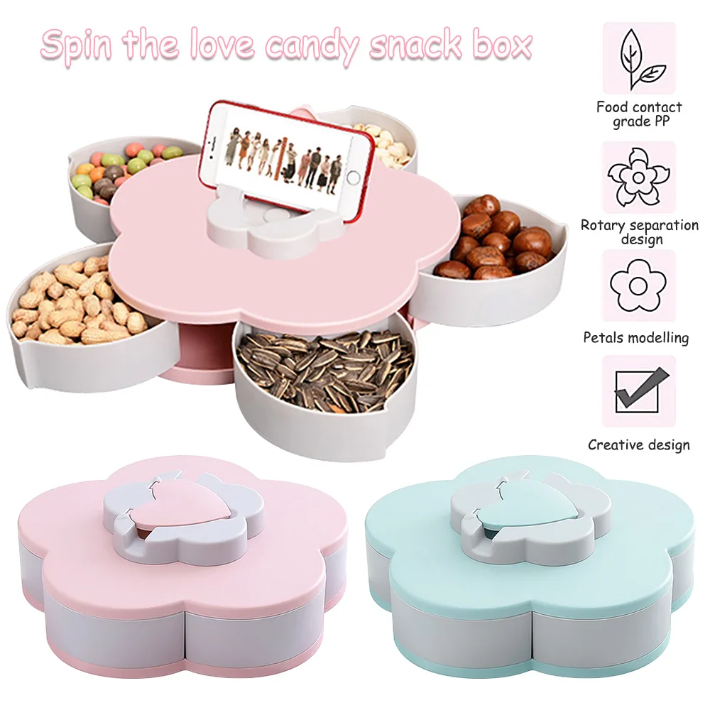 

5 Compartments Rotating Petal Candy Box Candy Fruit Plate Food Storage Case Snack Nut Storage Container Kitchen Supplies