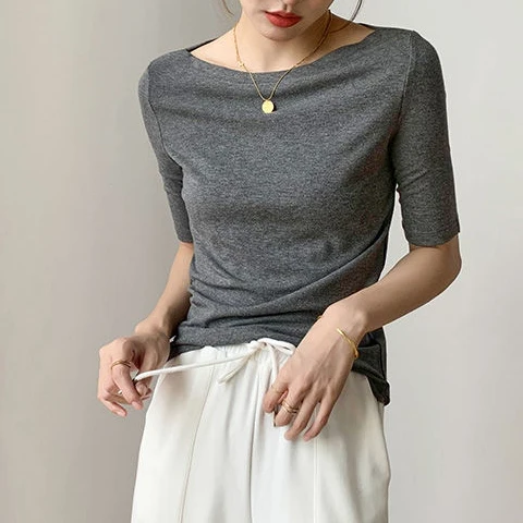 

Modal mid-sleeve women's 2021 new autumn gray one-shoulder five-point sleeve top bottoming shirt woman tshirts Broadcloth