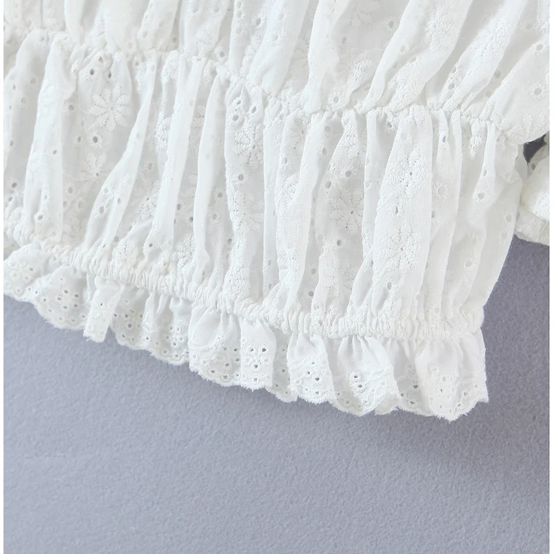 

2021 Fashion Women's Ruffled Vest Short Sleeve Square Collar Elastic Waist Top Summer White Women's Sweet Cropped Top
