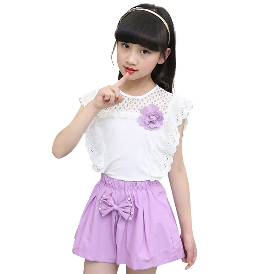 Комплект летней одежды для девочек кружевной жилет и шорты комплект 6 8 10 12 14 лет |
