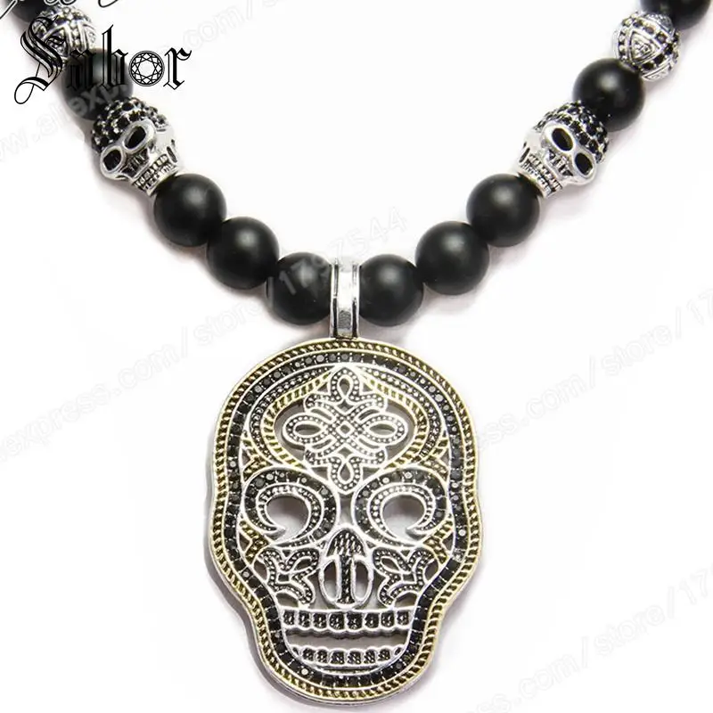 Подвеска в виде маски с черепом черный обсидиан и бусины форме черепа украшение