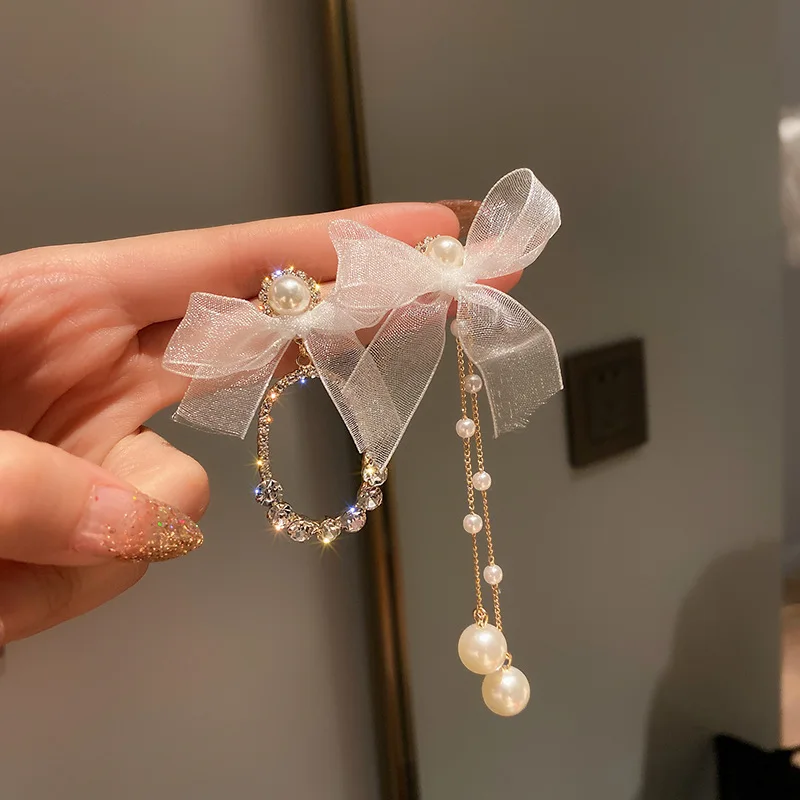 Элегантные длинные серьги Новинка корейский стиль бант стразы жемчужный кулон