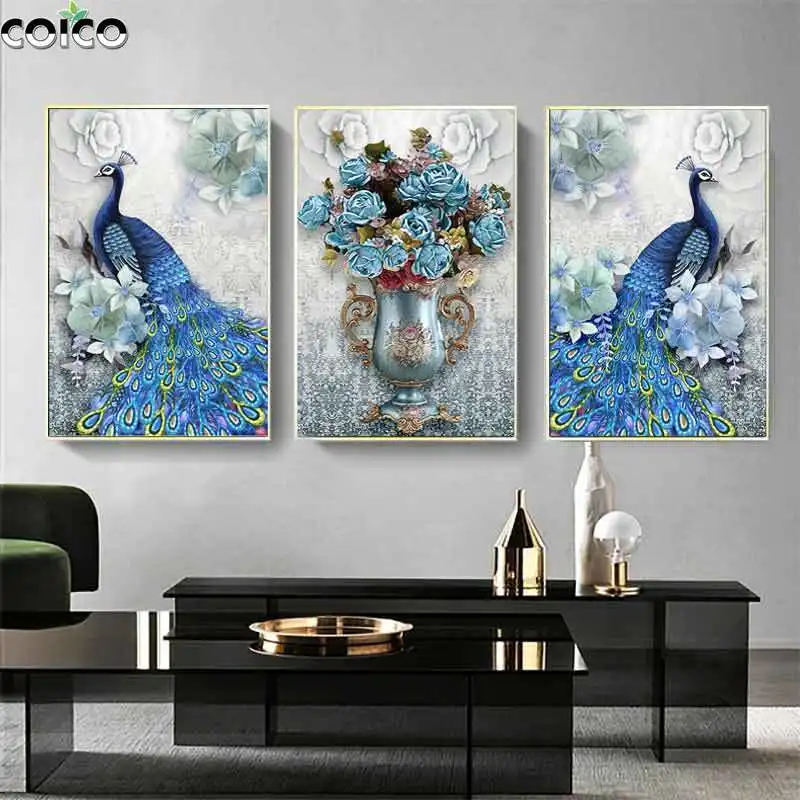 

Blue Peacock Vase Flowers Canvas Wall Picture with Frame European Modern Art Aesthetic Room Poster for Living Room Decor Prints