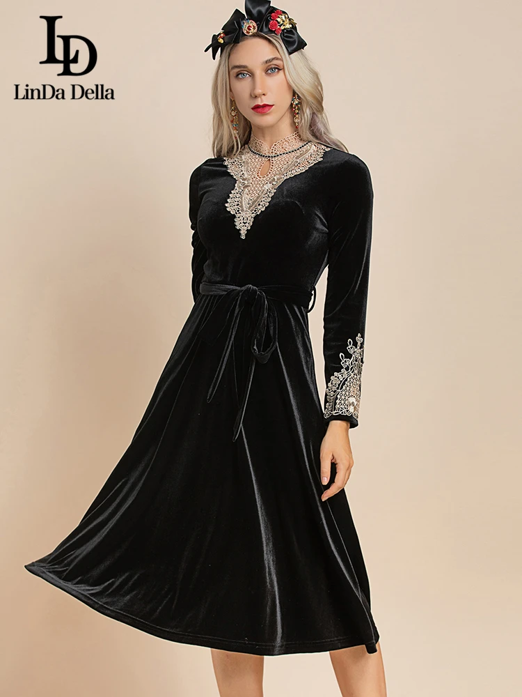 

LD LINDA DELLA мода взлетно-посадочной полосы; Сезон осень-зима; Элегантные вечерние платья для женщин с воротником-стойкой и вышивкой черного цве...