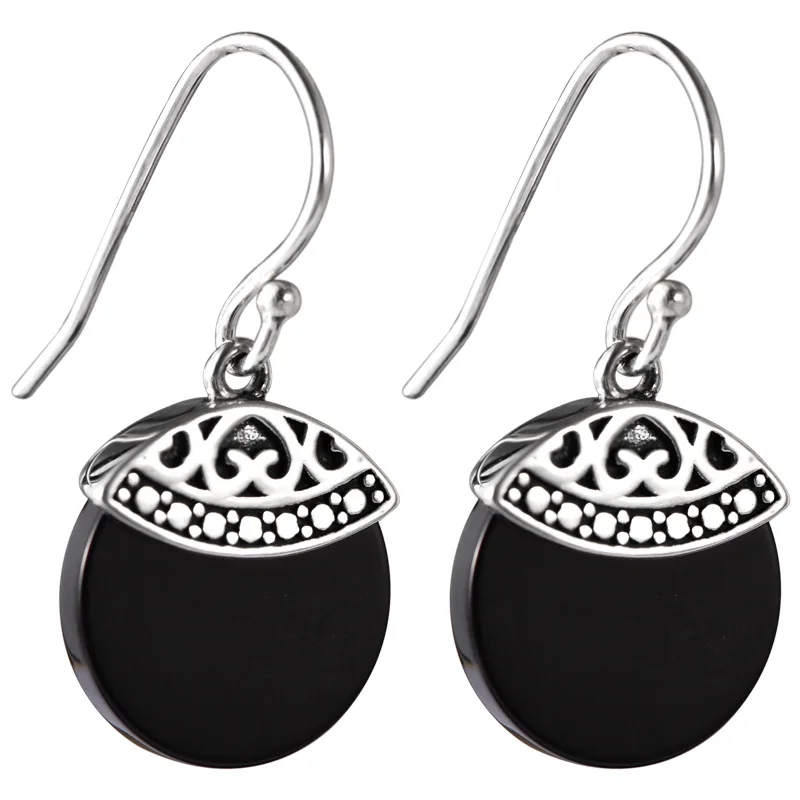 

S925 Sterling Silver Vintage Black Agate Drop Earrings for Women Dot Pattern Scaly Ring Female Fashion Simple Earrings