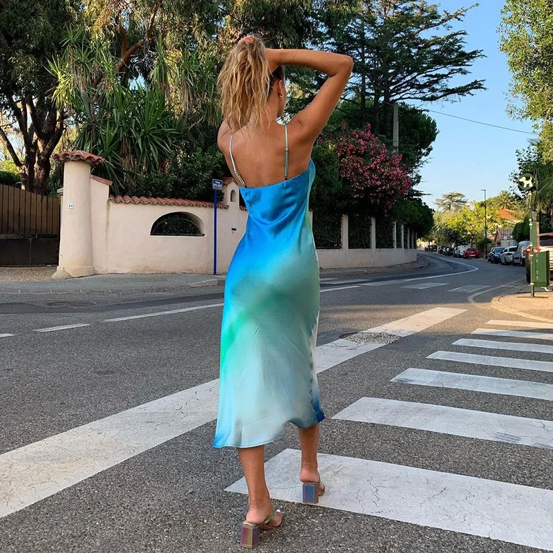 

Women Spaghetti Strap Satin Long Dresses Sexy Party Fahison Beach Vacation Tie-dye Ankle-Length Dress Summer 2021 New One Piece