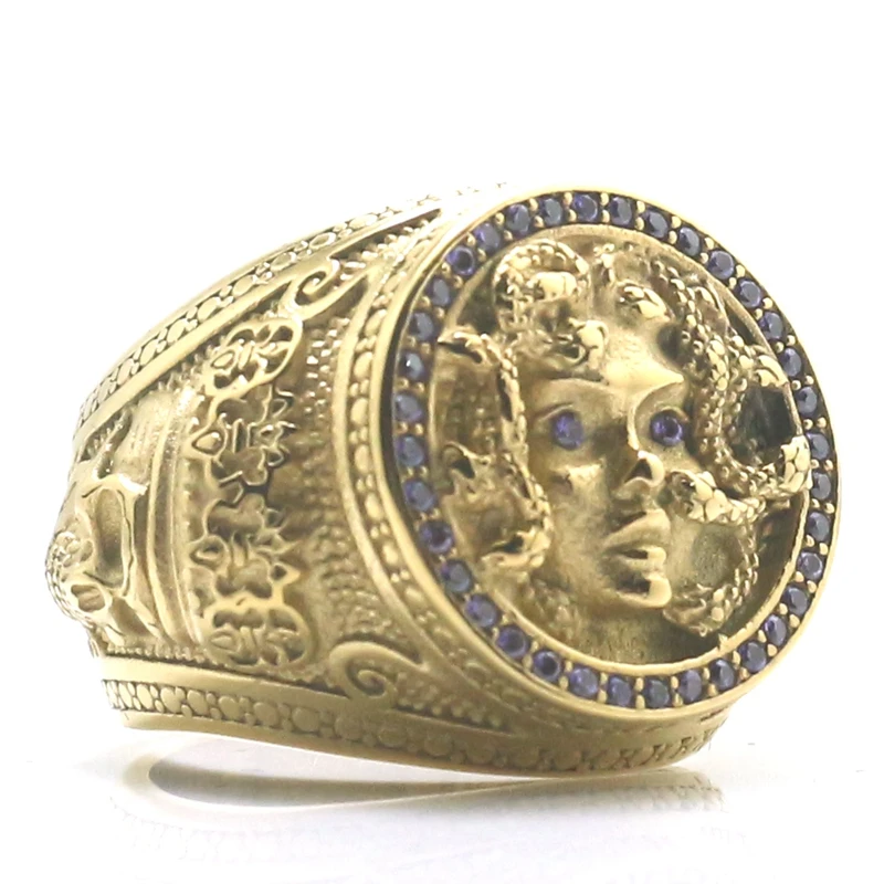 Кольцо унисекс из нержавеющей стали 316L с голубым камнем Король Череп Золотой