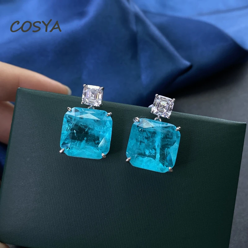

COSYA 100% 925 Sterling Silver Geometric Square Blue Paraiba 15*15mm Temperament Elegant Women Engagement Ring Fine jewelry Gift