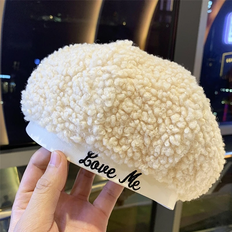 

Lamb cashmere beret hat women autumn letters embroidery painter cap winter fashion warmth thickened beanie hat
