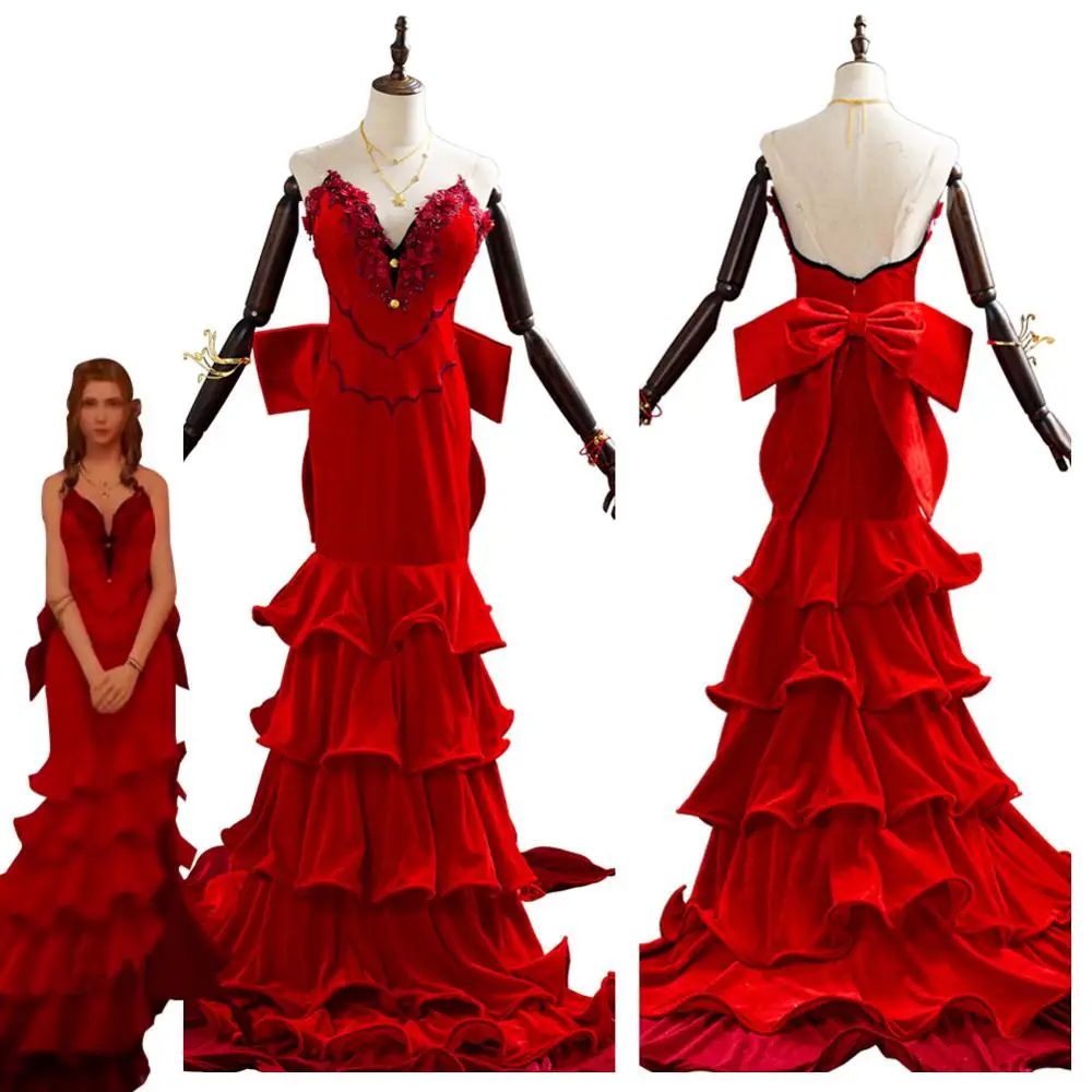 فاينل فانتاسي السابع تأثيري ايريث غينسبورو تأثيري حلي الكبار النساء الفتيات فستان أحمر طويل ثوب هالوين أزياء تنكرية