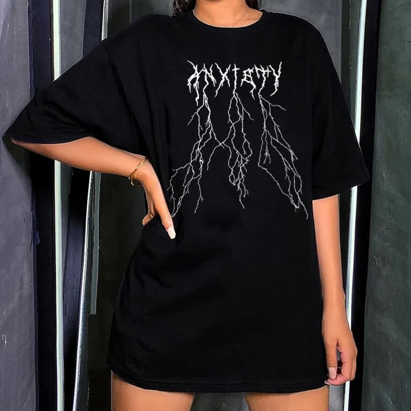 

Anxiety Lightning Printed T Shirt Women Vintage Tumblr Style Tees Cotton O-Neck Funny Printing Tops