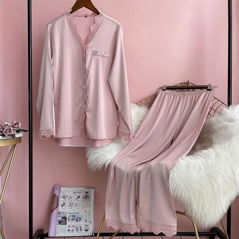 

Lisacmvpnel Spring New Pajamas Women's Ice Silk Long Sleeve Solid Lace Suit Pyjamas