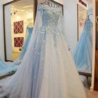 Платье Свадебное ТРАПЕЦИЕВИДНОЕ из тюля, с открытыми плечами, с бусинами и цветами небесно-голубого цвета, ручная работа, для невесты