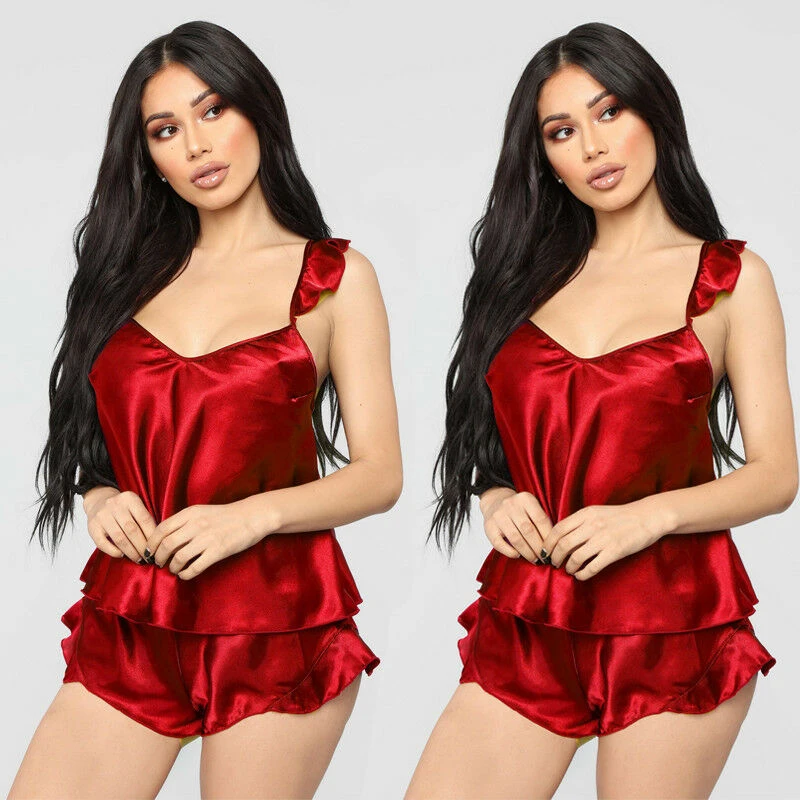 

Kayotuas Women Tracksuit Satin Silk Lace Sleepwear Lingerie Nightwear V-Neck Sleeveless Vest+Shorts Pajamas Set Loungewear