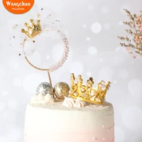 iron garland pearl bow crown happy birthday cake topper prince princess theme wedding cake decoration kids favors party supplies