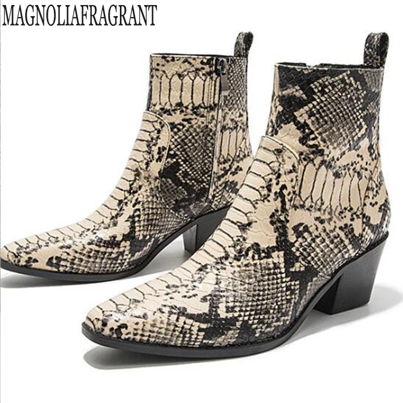 Зимние женские ботильоны на молнии ботинки новые пикантные туфли из змеиной кожи