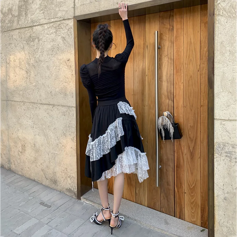

LANMREM High Elastic Waist Stitching Black Lace Drawstring Irregular Skirt Women's Fashion Trend New Spring Autumn 2021 2E1262