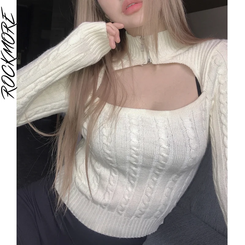 

Rockmore Solid Hollow Out Sweaters Women Y2K Aesthetic E Girl Jumpers Casual Turtleneck Knit Pullovers Autumn Knitwear Crop Tops