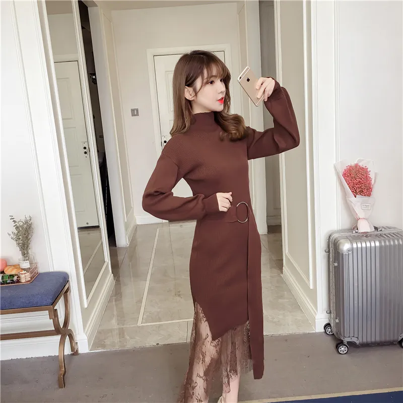 2019 осень зима Платья свитеры Для женщин тонкий с высоким плотно облегающим шею