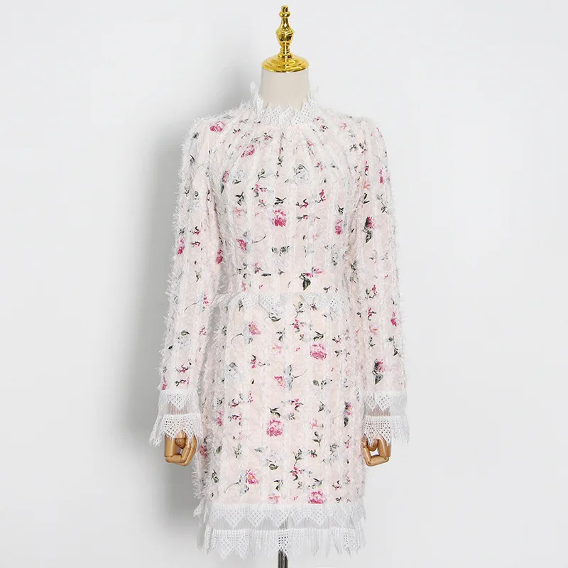 

2021 Spring Stand Neck Long Sleeve Vestidos Lace Slim Bodycon Print Slim Waist Femme Robe Elegant Sweet Short Women's Dress