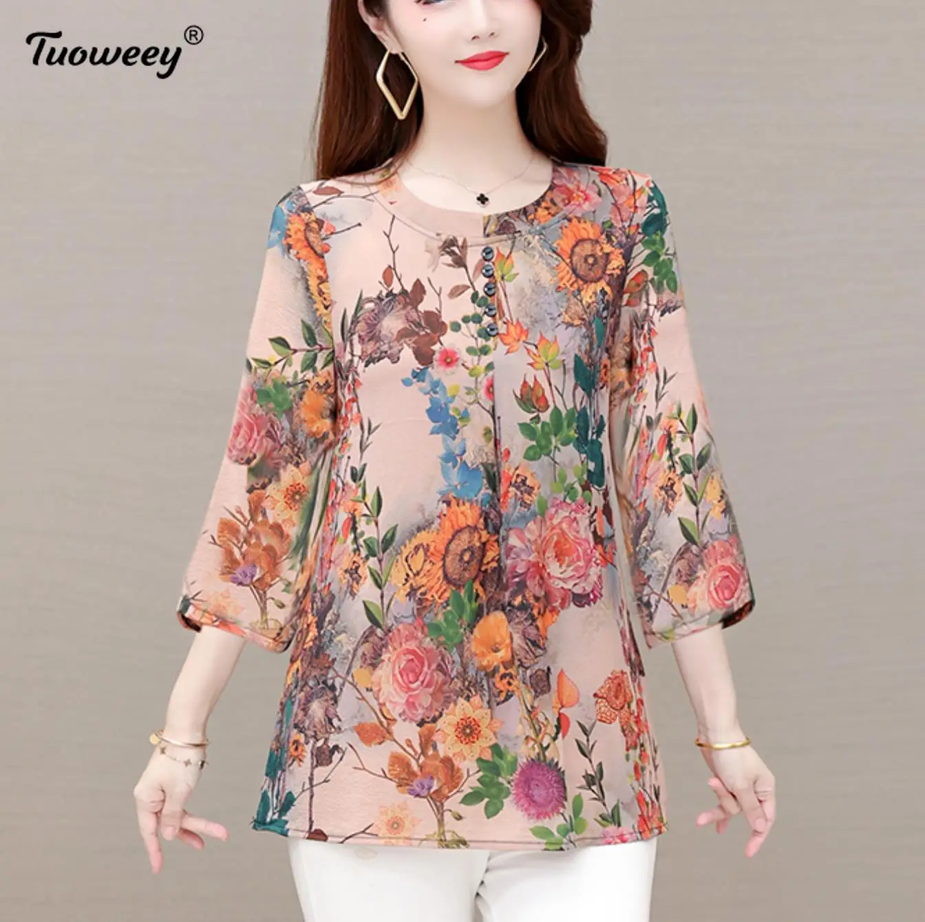 

Элегантная Летняя шелковая рубашка Женская Офисная Нижняя винтажный топ с цветочным принтом шифоновая блузка с круглым вырезом осенне-вес...