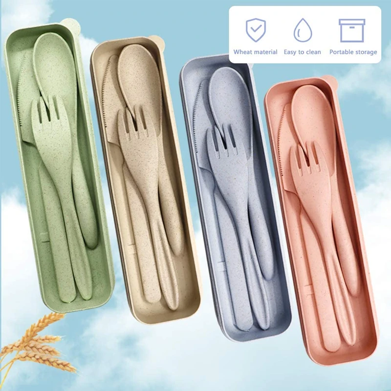 

4 Sets Travel Cutlery Portable Cutlery Box Wheat Straw Knife Fork Spoon Student Dinnerware Reusable Cutlery Kitchen Tableware