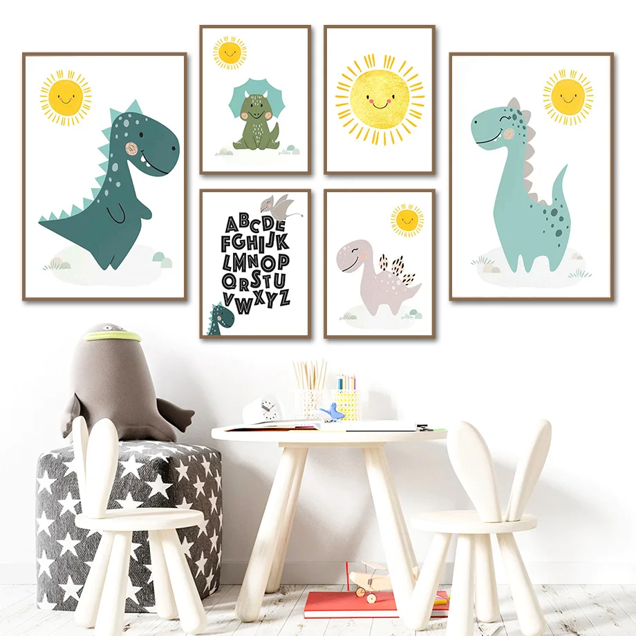 

Cartoon Dinosaur Triceratops Tyrannosaurus Sun Wall Art Canvas Painting Nordic Posters And Prints Wall Pictures Child Room Decor