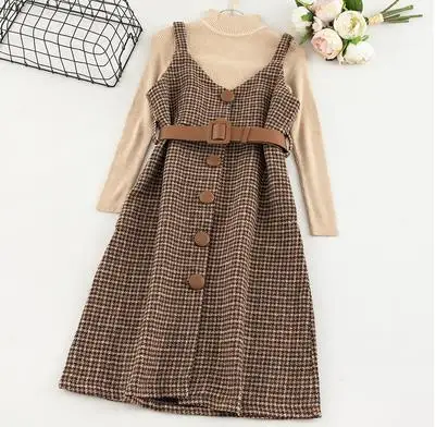 apricot 2 Sanishroly, комплект из двух предметов, Осень-зима, Женское шерстяное платье на бретелях с поясом, клетчатое платье, комплекты, женский свитер с длинным рукавом, Vestidos 815 - Цвет: apricot 2