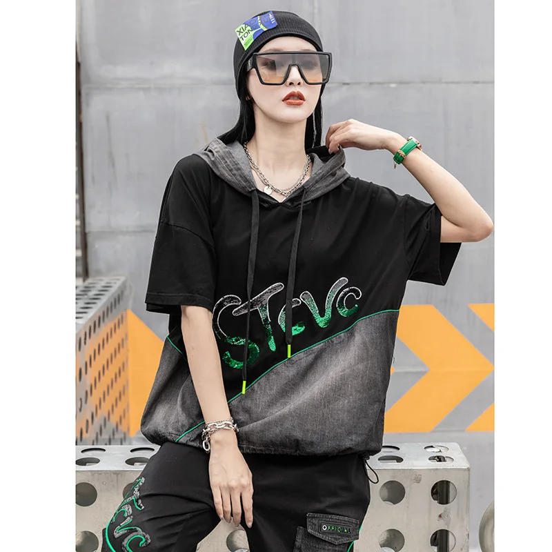 

Max LuLu British Summer Streetwear Womens Sequins Spliced Hooded Tshirts Ladies Black Punk Style Tees Girls Loose Hip Hop Tops
