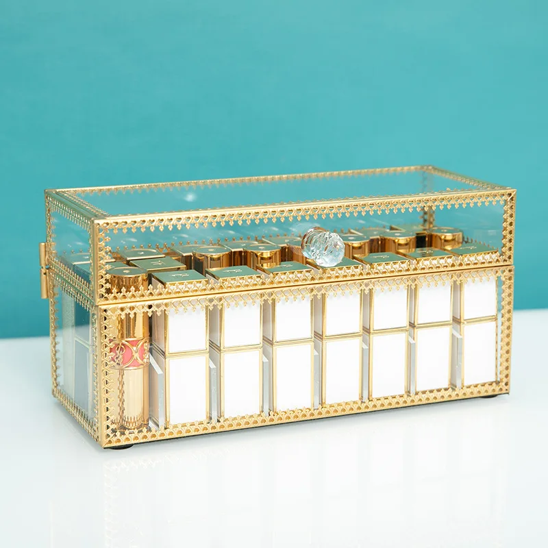 

Металлический стеклянный пылезащитный ящик для хранения губной помады, Настольный ящик для косметики для девочек